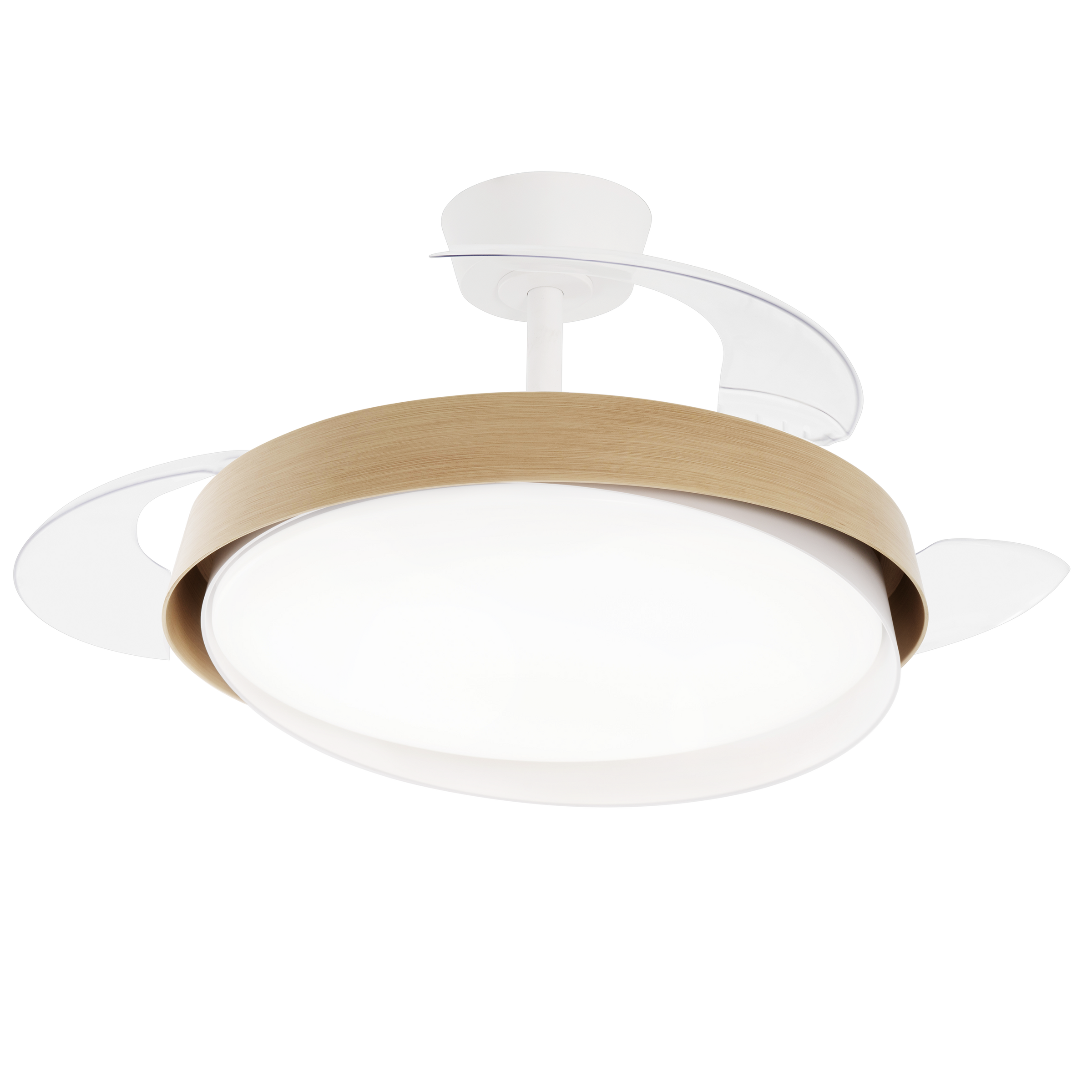 Khunh ceiling light with fan, white plastic and natural wood, D106 cm, LED 4500lm CCT dimmable