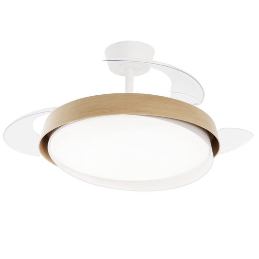Khunh ceiling light with fan, white plastic and natural wood, D106 cm, LED 4500lm CCT dimmable