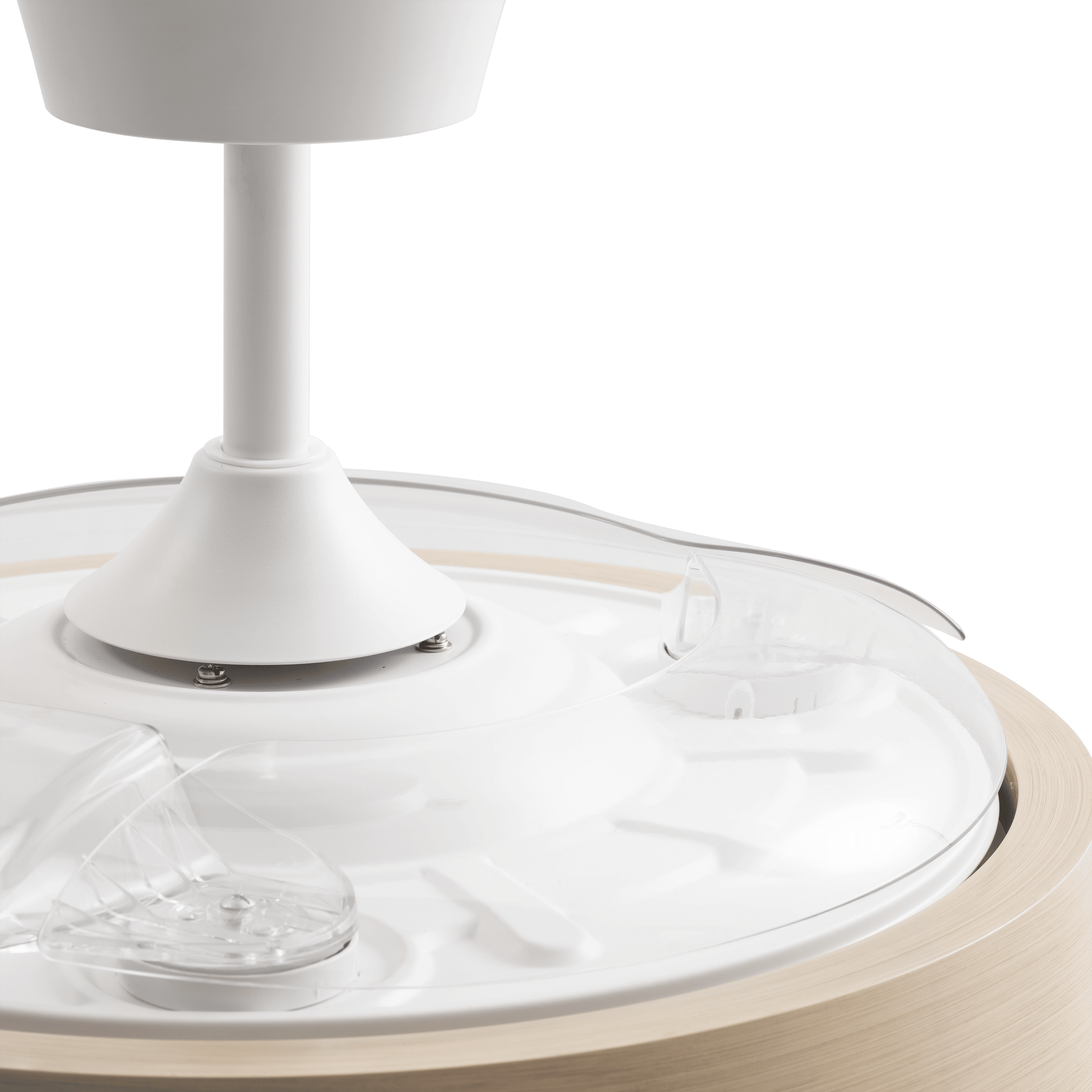 Khunh ceiling light with fan, white plastic and natural wood, D106 cm, LED 4500lm CCT dimmable