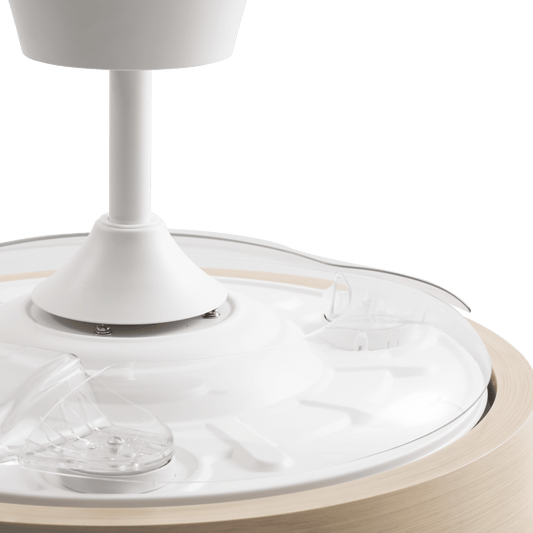 Khunh ceiling light with fan, white plastic and natural wood, D106 cm, LED 4500lm CCT dimmable