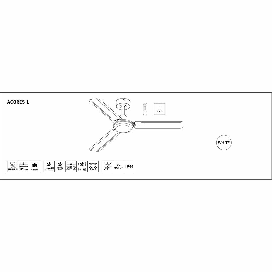 Ventilatore da soffitto acores metallo bianco d132 senza luce 3 pale