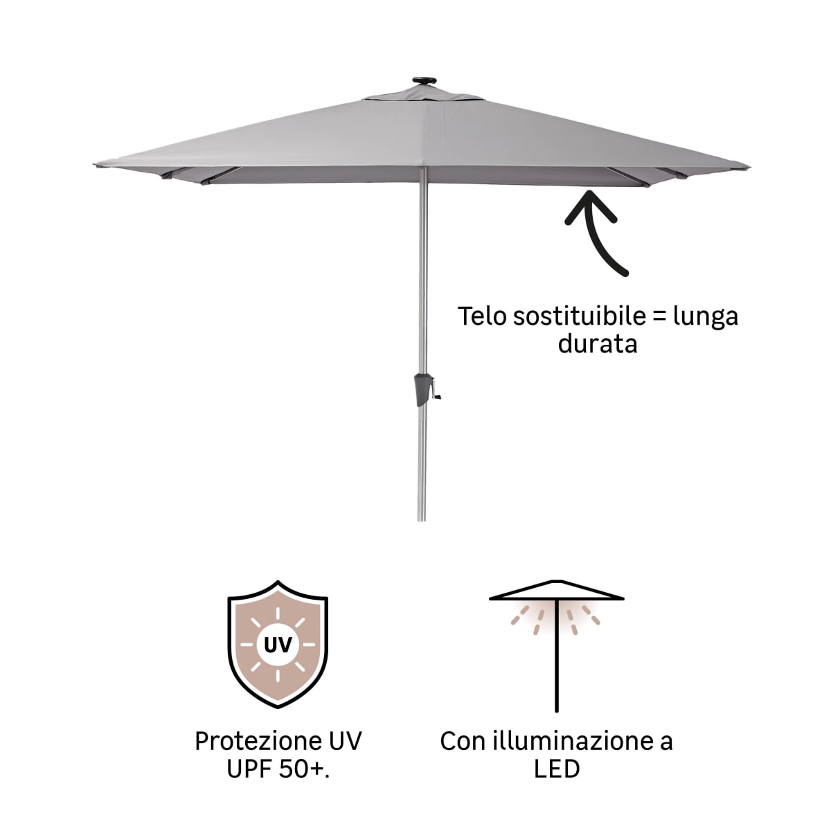 NATERIAL SONORA II CENTRAL PARASOL WITH LED ALUMINIUM 290X290 250G TAUPE