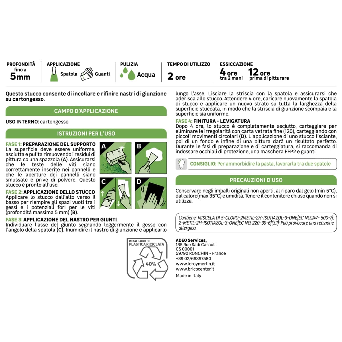 Bricocenter PASTE PLASTERBOARD FILLER FOR INTERIOR AXTON 4 KG