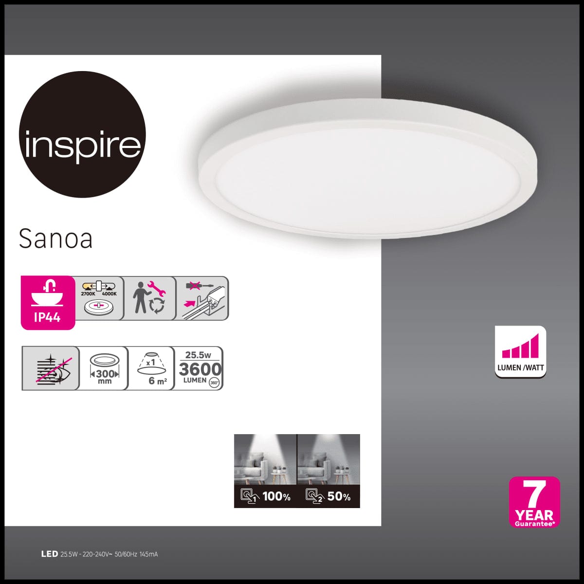 Bricocenter SANOA ALUMINIUM CEILING LIGHT WHITE 30X2CM LED 28W CCT DIMMABLE IP44