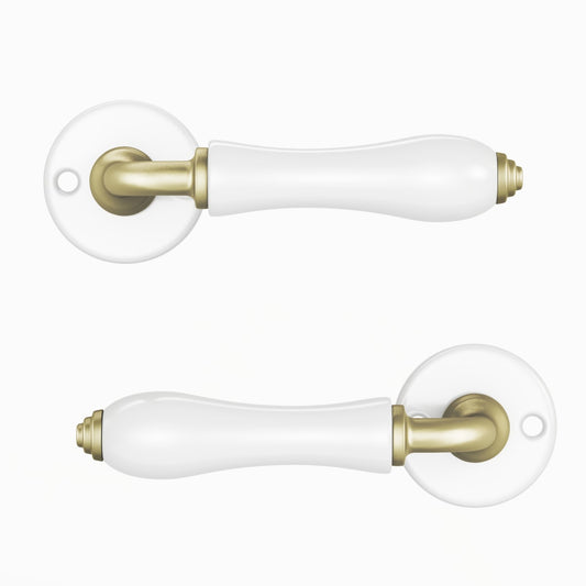 MAYA DOOR HANDLE WITH ESCUTCHEON AND SPOUT BRUSHED BRASS FINISH OFF-WHITE OP