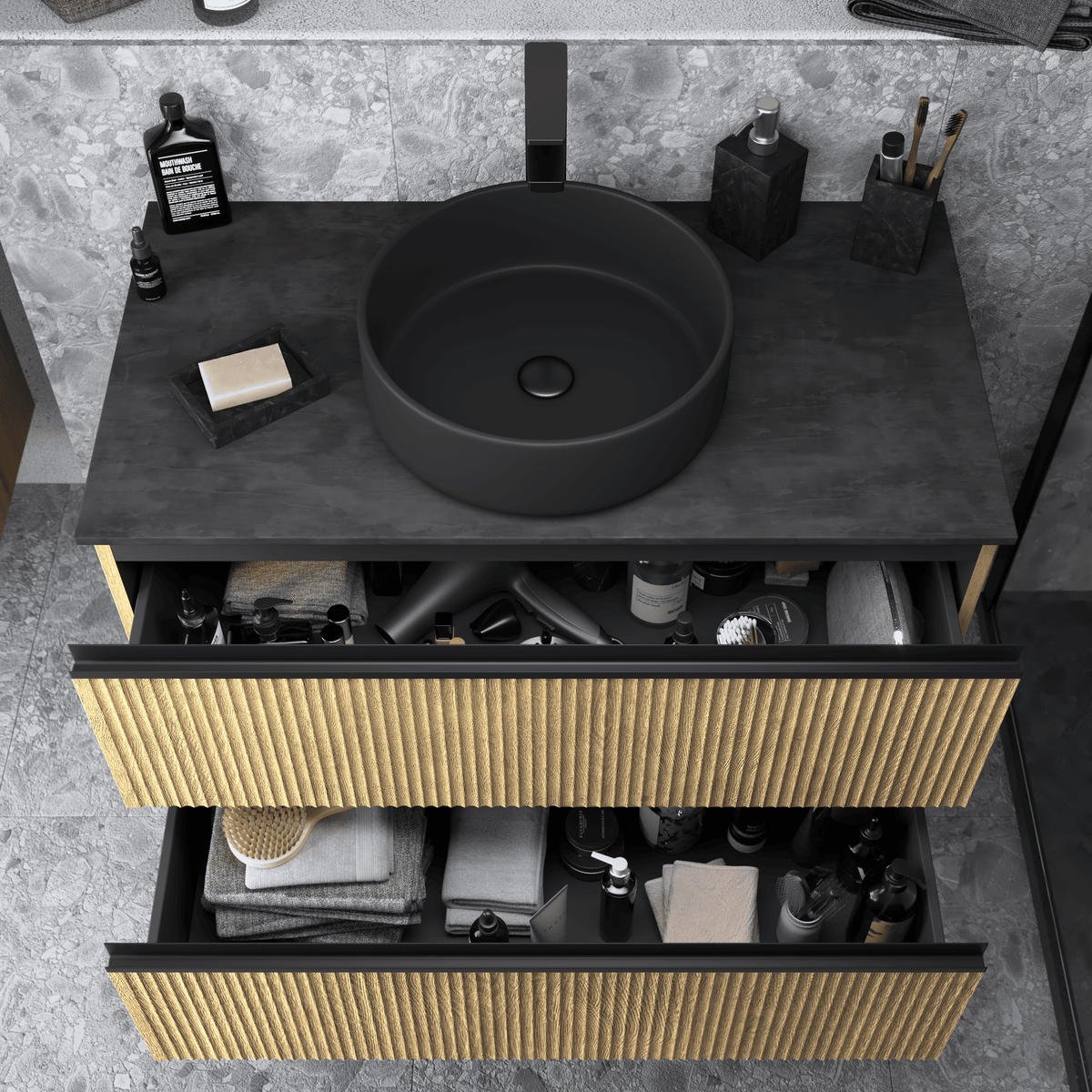 Under-sink unit in striped oak, 2 drawers, 90cm