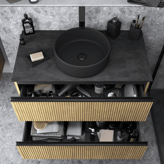 Under-sink unit in striped oak, 2 drawers, 90cm