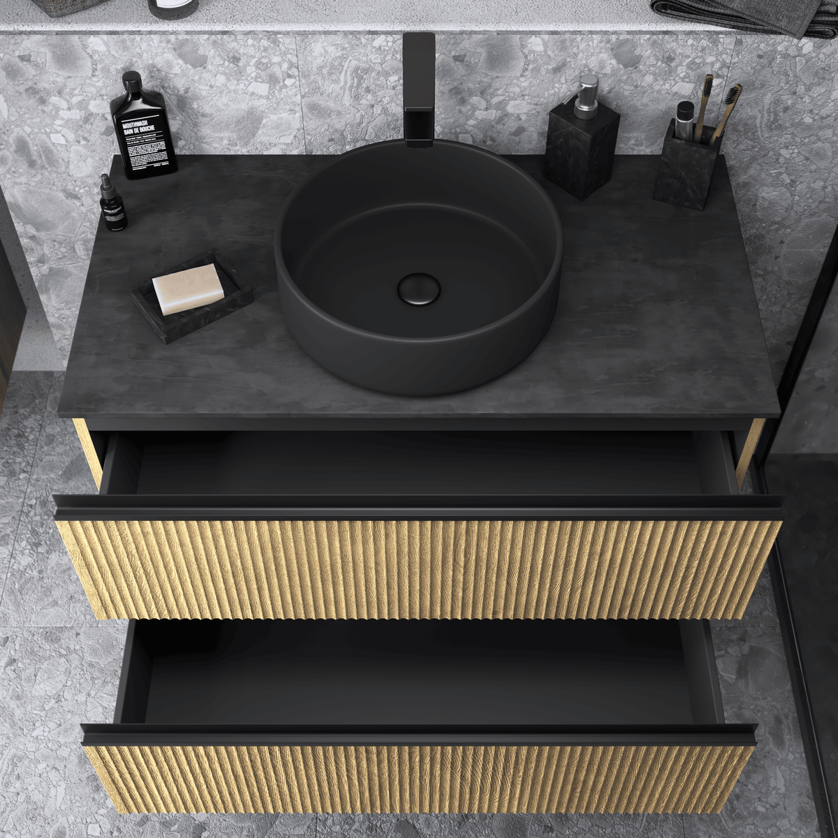 Under-sink unit in striped oak, 2 drawers, 90cm