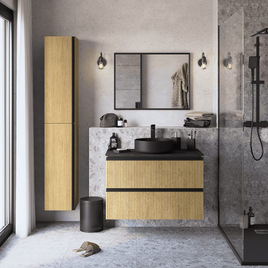 Under-sink unit in striped oak, 2 drawers, 90cm