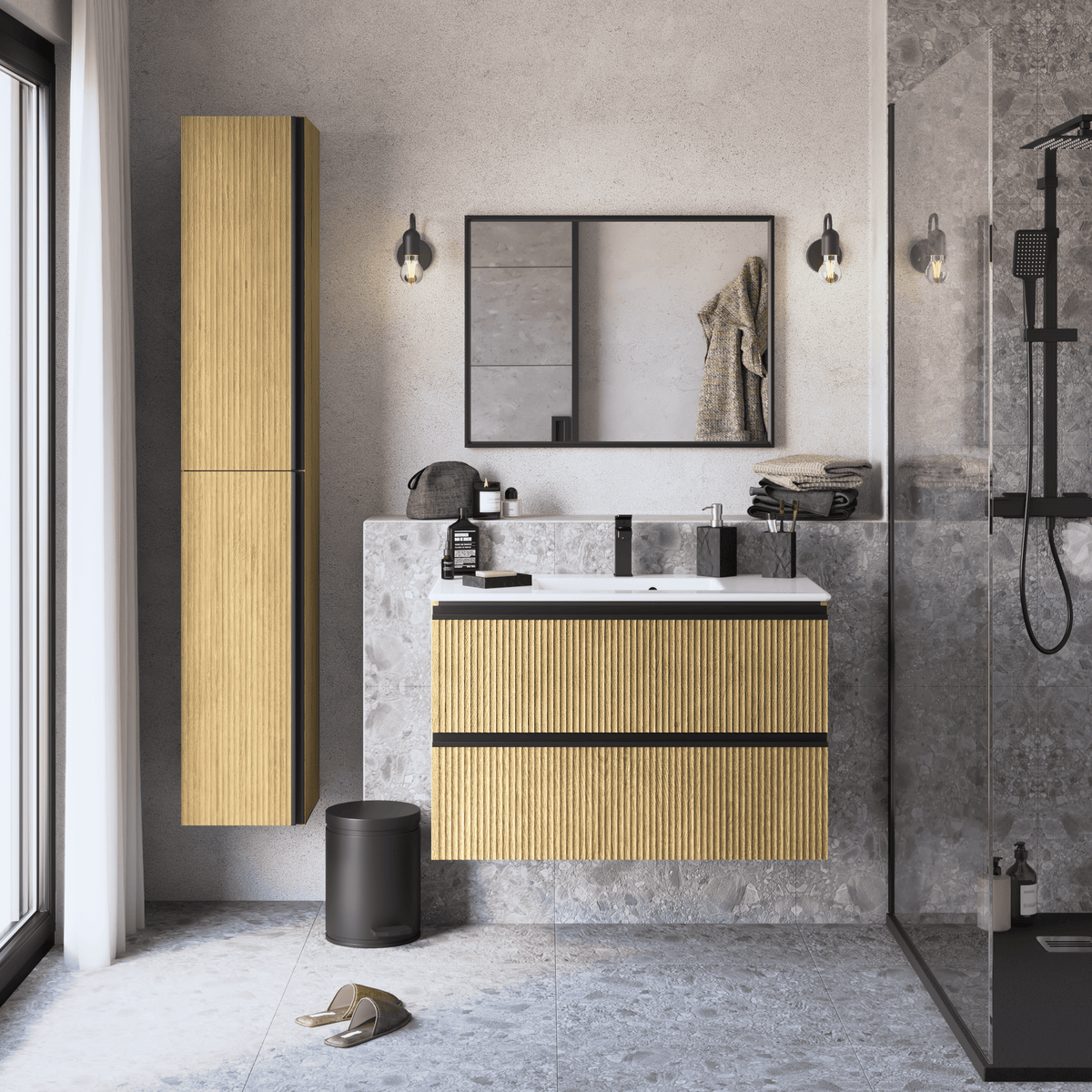 Under-sink unit in striped oak, 2 drawers, 90cm