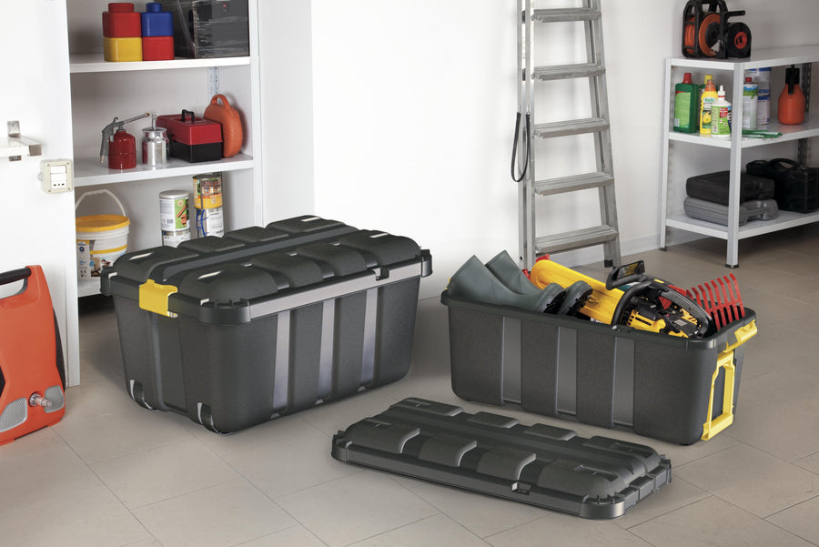 Boxone container with lid, L59 x W39 x H35 cm, 50 litres, black/yellow