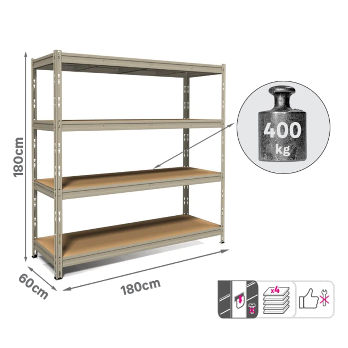 Bricocenter SHELF MINIRACK WOOD METAL W180 D60 H180CM LOAD CAPACITY 300KG 4 INTERLOCKING SHELVES GREY