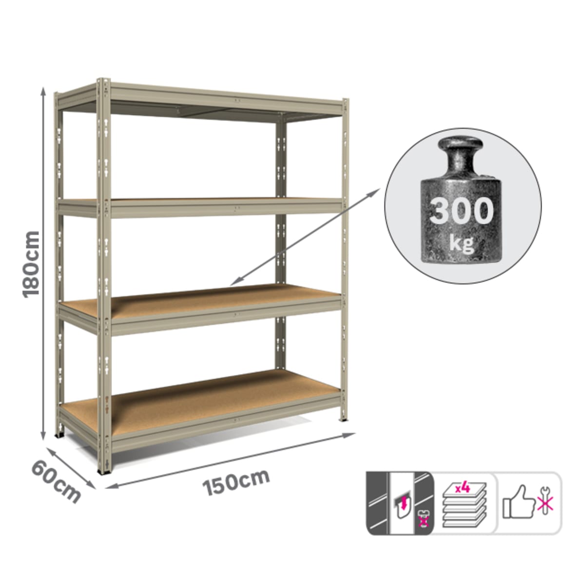 Metal and Wood Shelf L150XP60XH180CM, 300 KG, 4 Gray Space Shelves