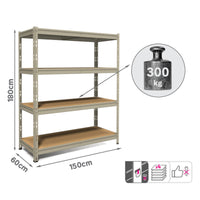 Metal and Wood Shelf L150XP60XH180CM, 300 KG, 4 Gray Space Shelves