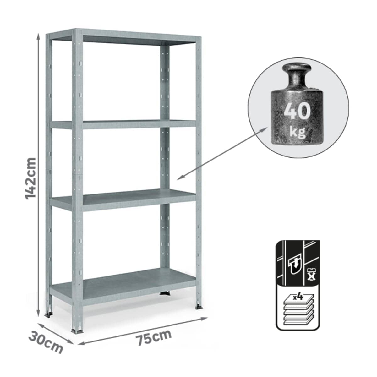 Bricocenter METAL SHELF L75XP30XH142CM, 40 KG, 4 GALVA SHELVES