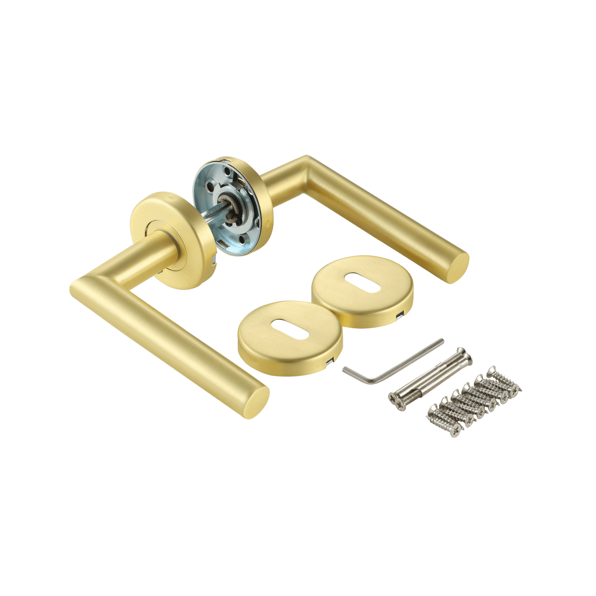 SARA DOOR HANDLE WITH ROSETTE AND SPOUT MATTE BRUSHED BRASS FINISH