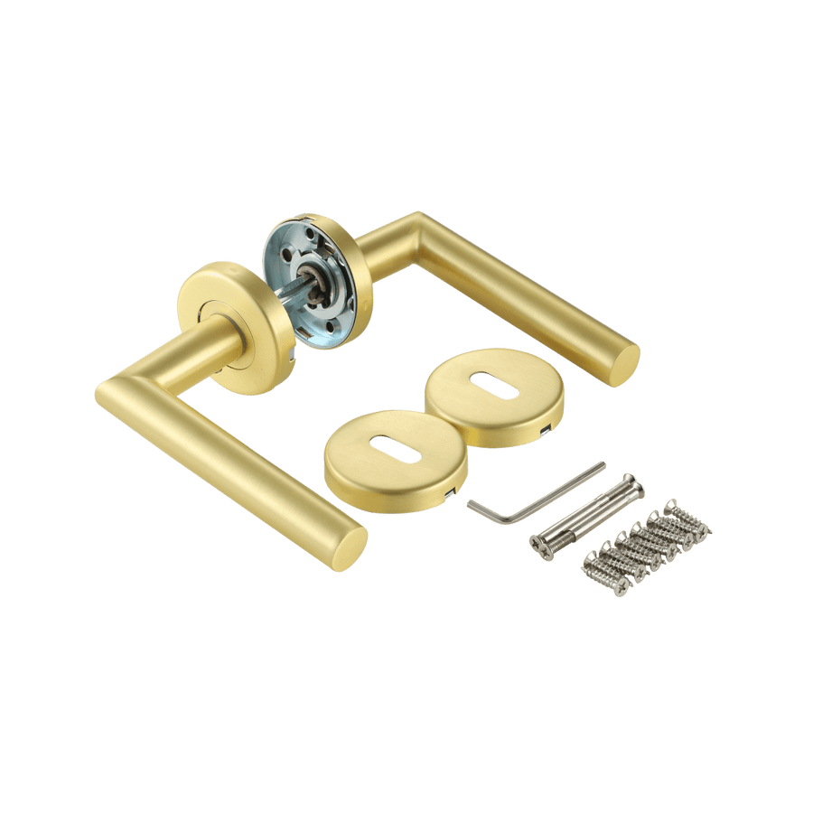 SARA DOOR HANDLE WITH ROSETTE AND SPOUT MATTE BRUSHED BRASS FINISH