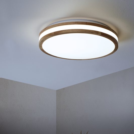 Kosta ceiling light in white metal and wood, 40 cm diameter, LED, CCT, dimmable