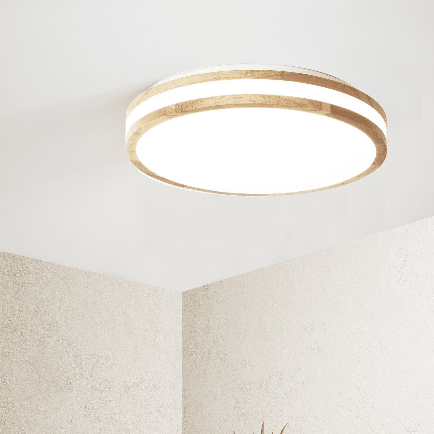 Kosta ceiling light in white metal and wood, 40 cm diameter, LED, CCT, dimmable