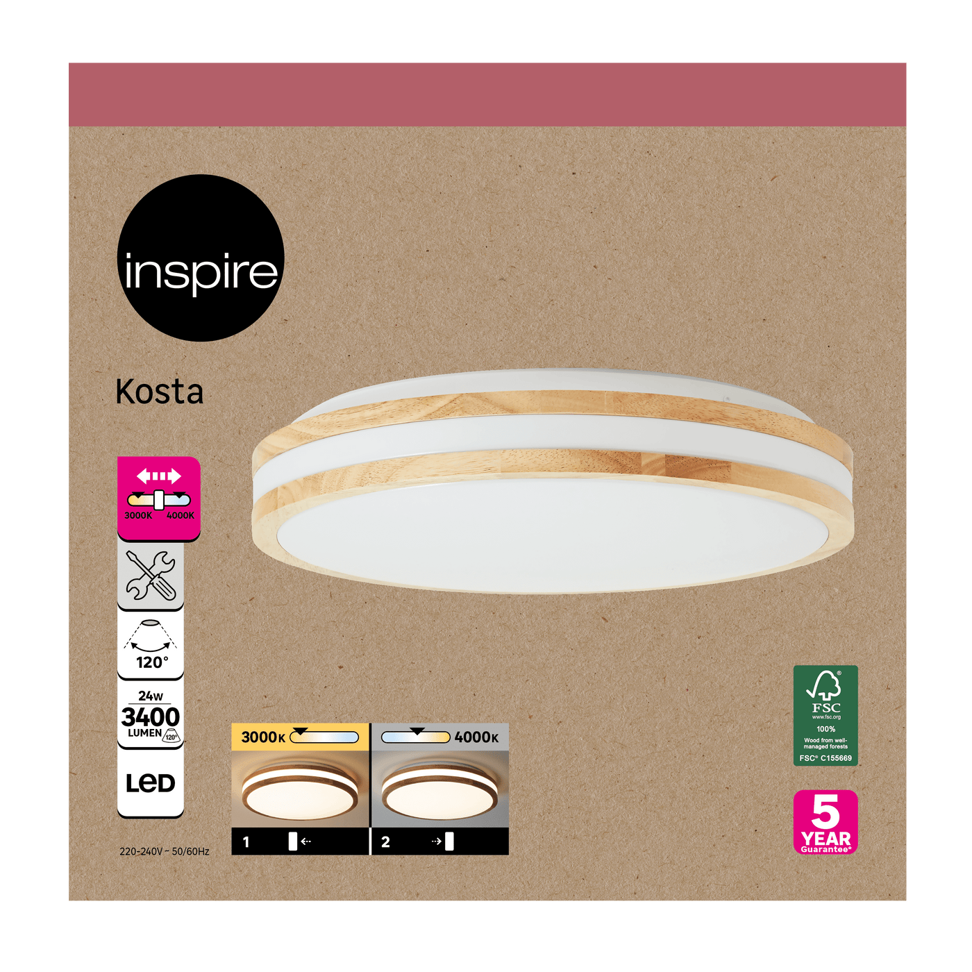Kosta ceiling light in white metal and wood, 40 cm diameter, LED, CCT, dimmable