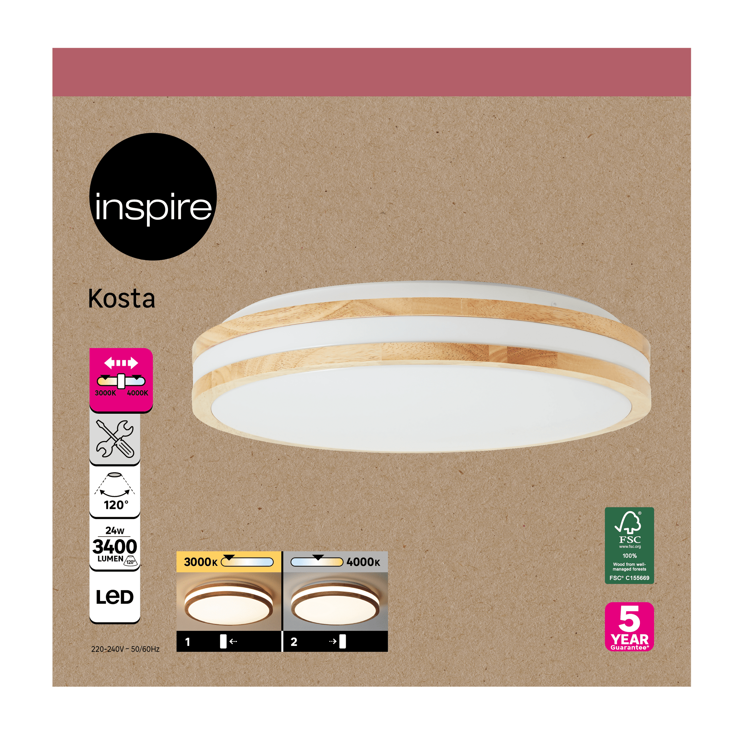 Kosta ceiling light in white metal and wood, 40 cm diameter, LED, CCT, dimmable