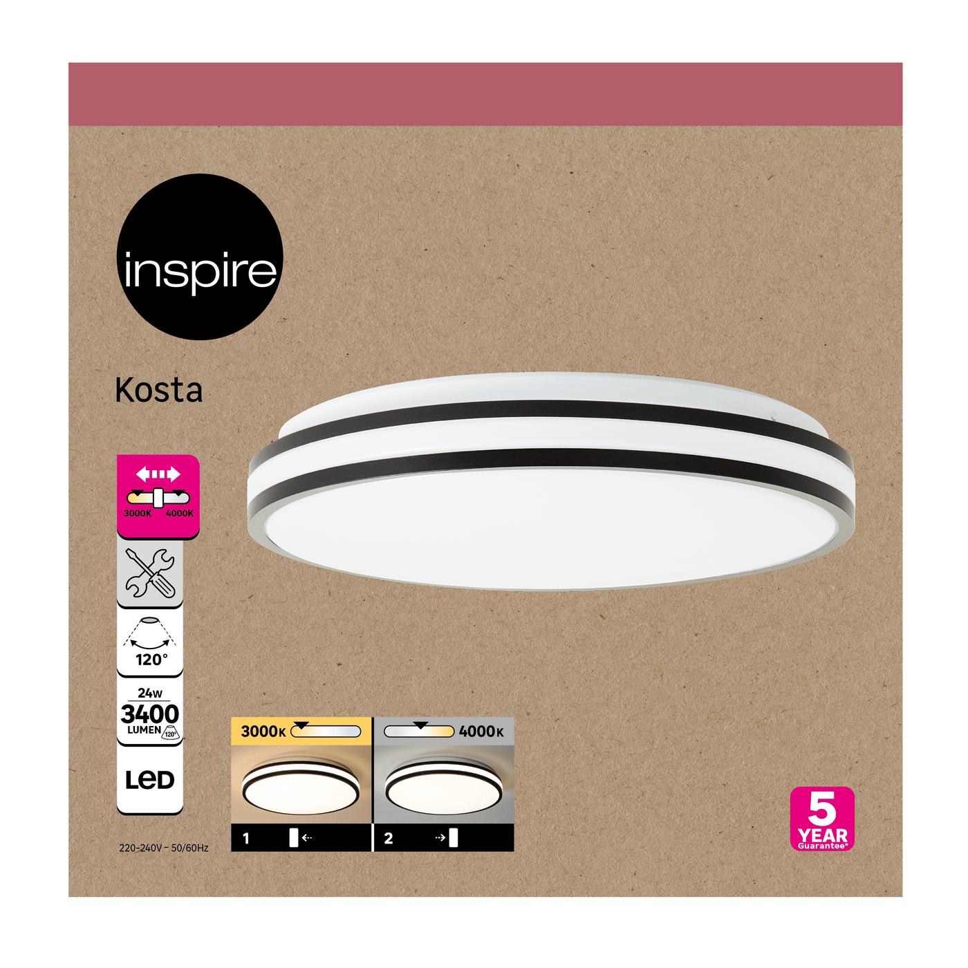 Kosta ceiling light, black and white metal, 40 cm diameter, LED, CCT, dimmable