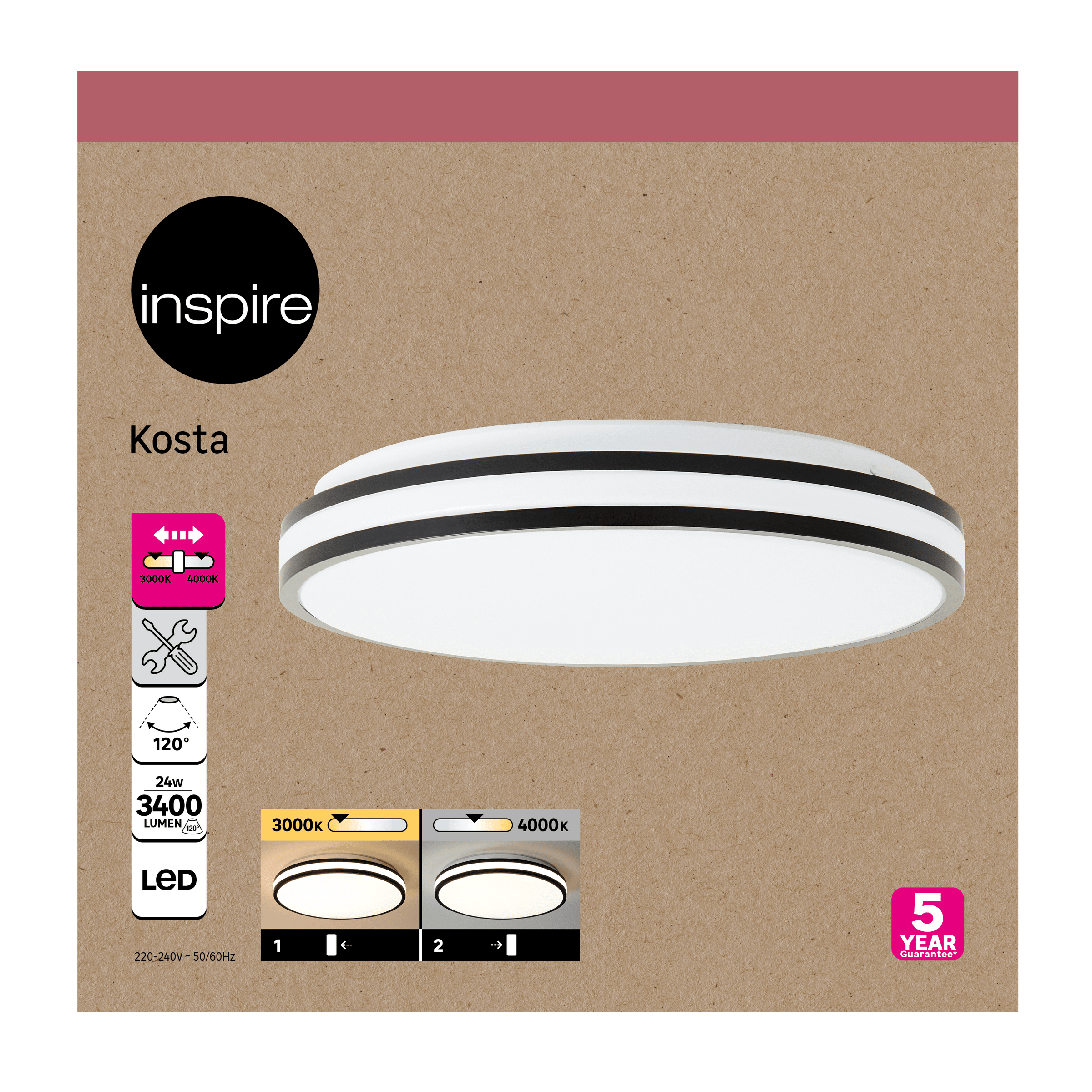 Kosta ceiling light, black and white metal, 40 cm diameter, LED, CCT, dimmable