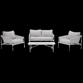 COFFEE SET NATERIAL SIGMA 4 SEATER WHITE STEEL WITH GLASS COFFEE TABLE TOP