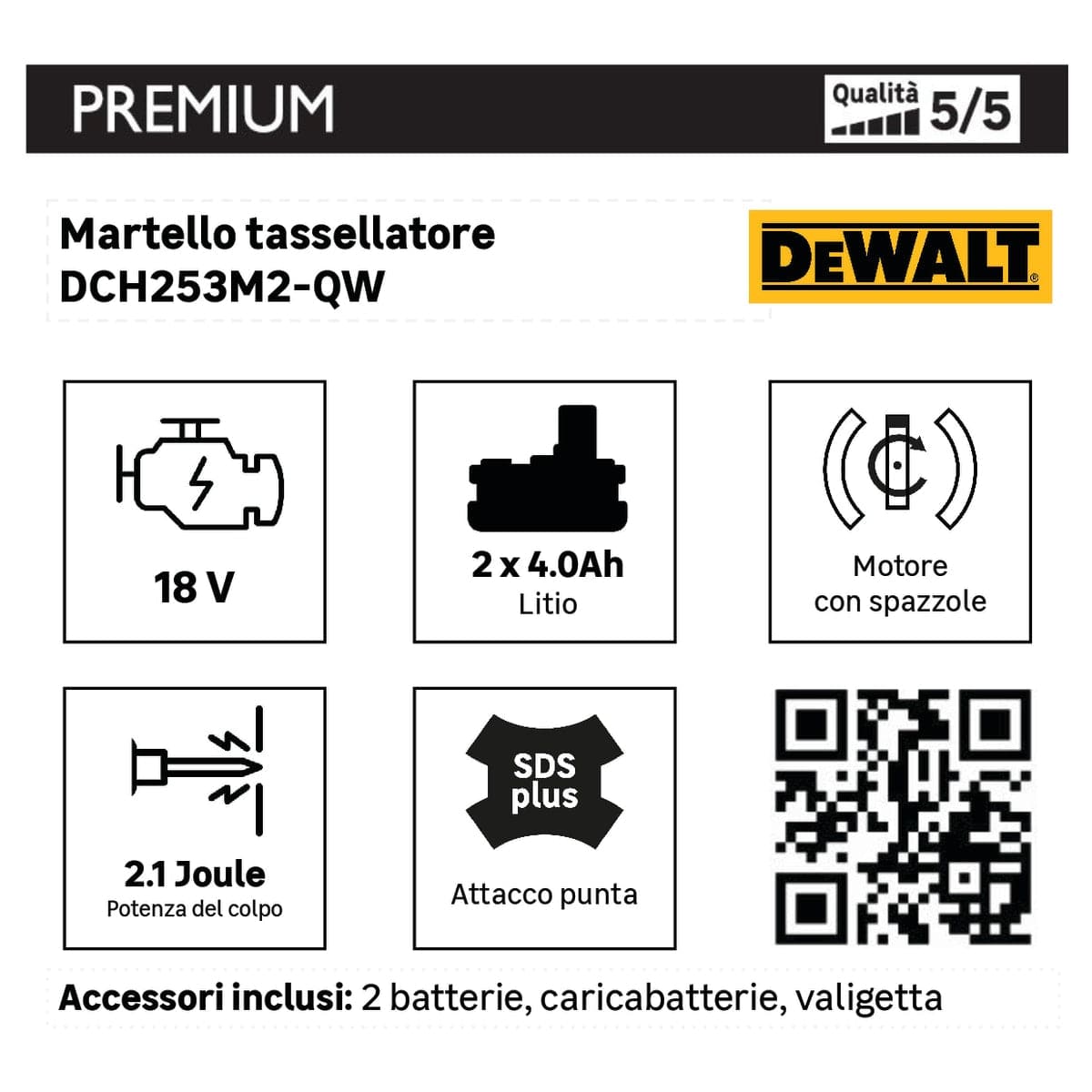 Bricocenter MARTELLO TASSELLATORE DEWALT 18V, 2 BATTERIA 4.0AH, 2.1J