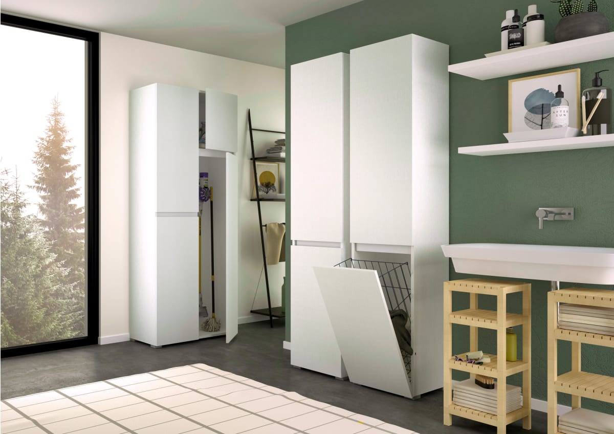 Multi-purpose cabinet with laundry basket, 45x37x195 cm. White
