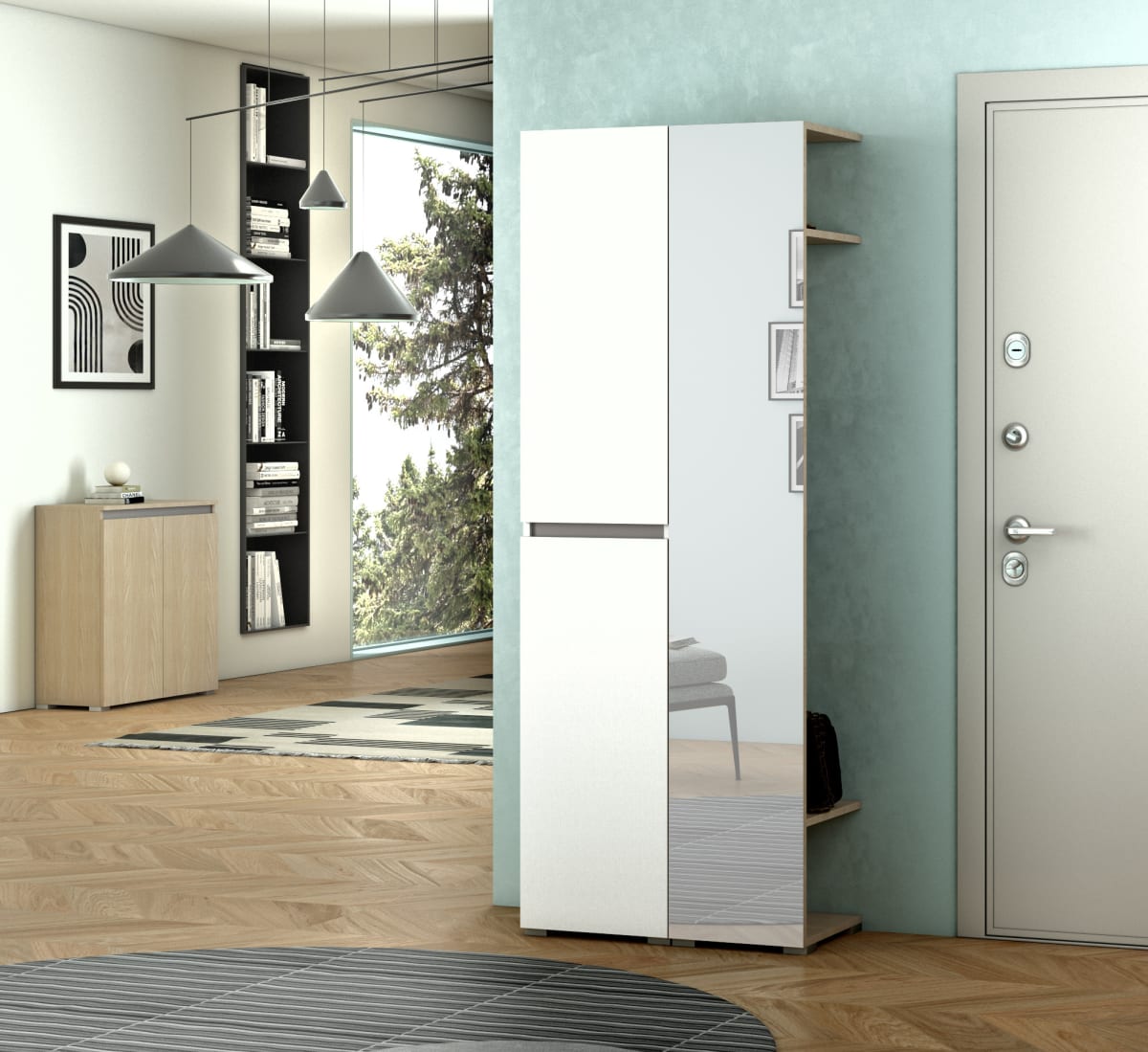 Mobile multiuso - 2 ante, maniglia a golaa, 4 ripiani regolabili 45x37x195 bianco