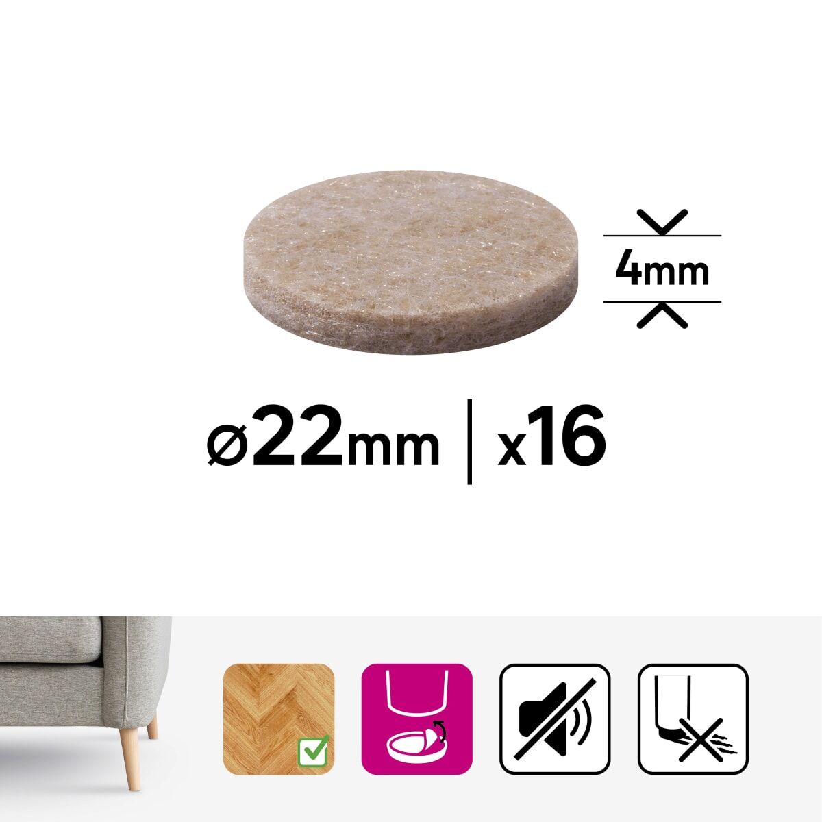 ADHESIVE FELT PADS 4MM DIA. 22MM, 16PCS