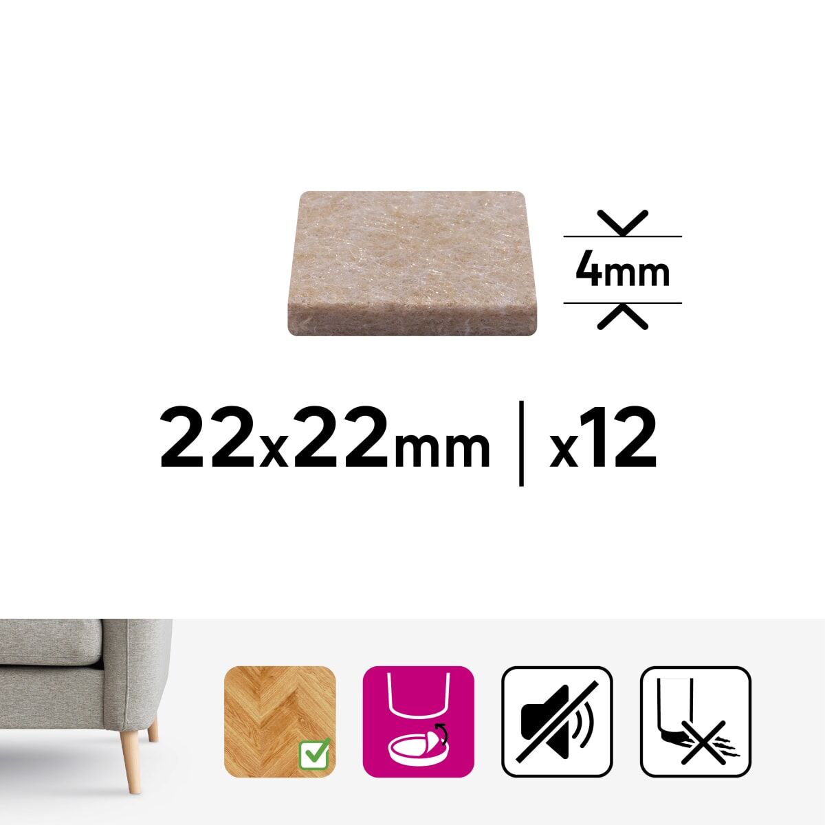 4MM ADHESIVE FELT PADS 22X22MM, 12PCS