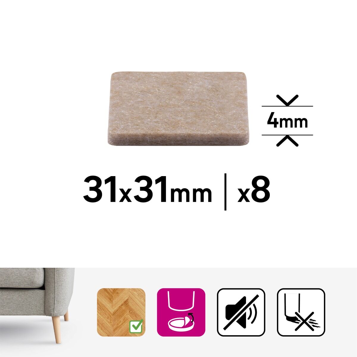 4MM ADHESIVE FELT PADS 31X31MM 8PCS