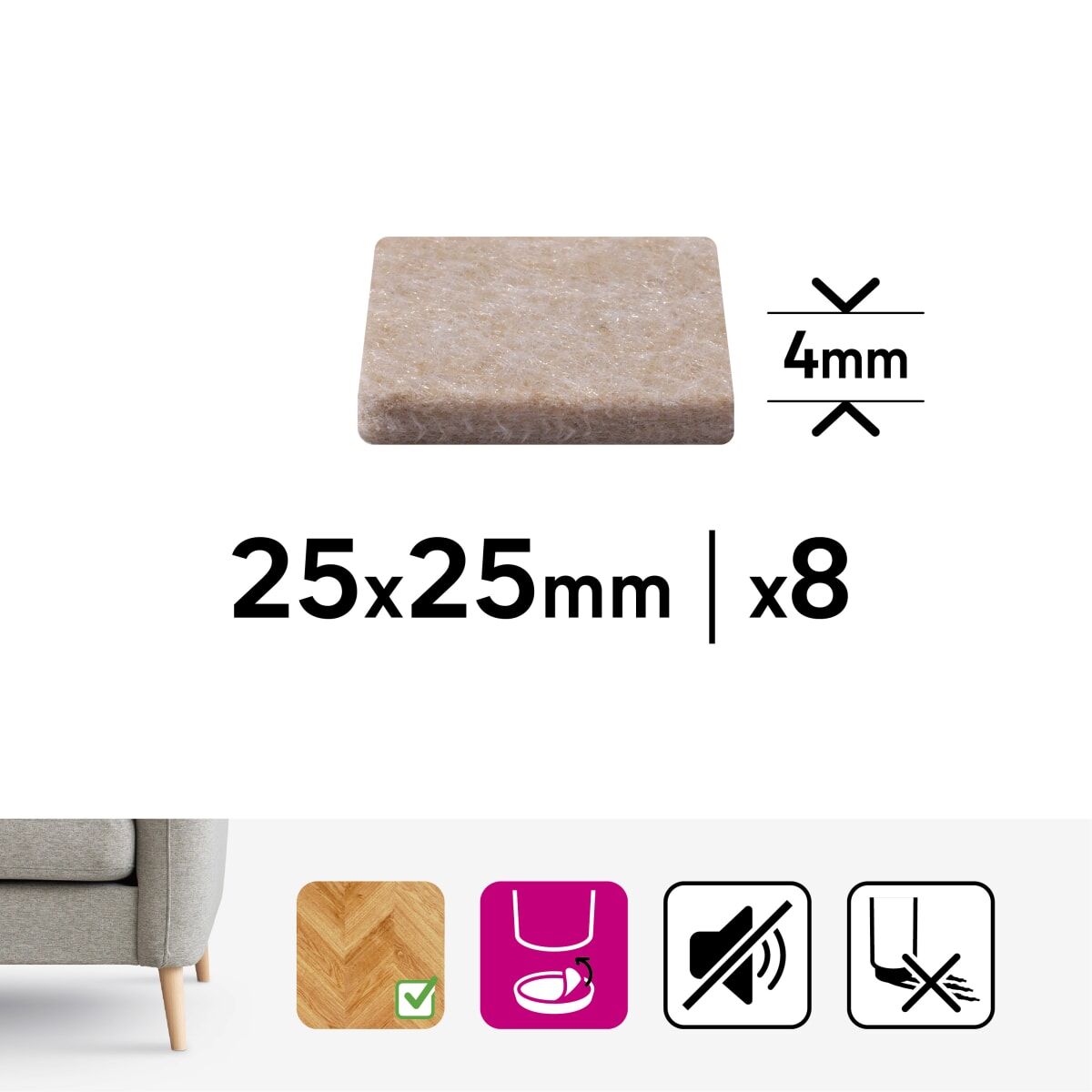 4MM ADHESIVE FELT PADS 25X25MM. 8PZ