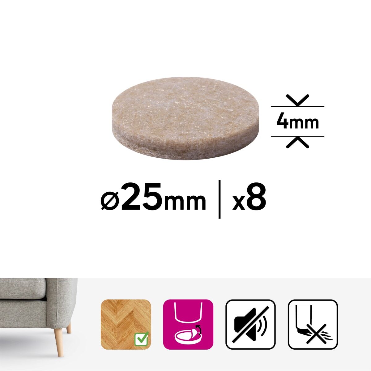 4MM ADHESIVE FELT PADS DIA. 25MM. 8PZ