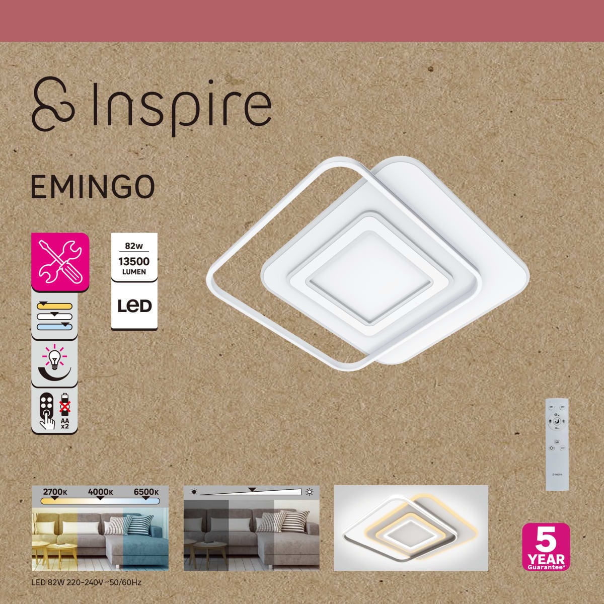 Bricocenter CEILING LIGHT EMINGO METAL WHITE 48X48CM LED 100W CCT DIMMABLE