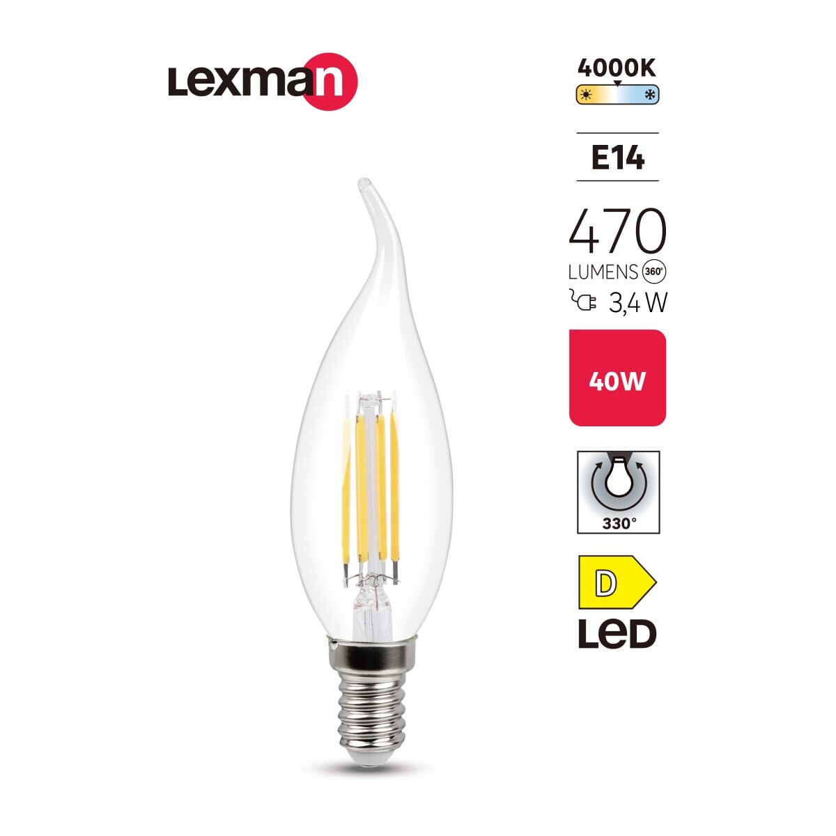 LED BULB E14 =40W FLAME TRANSPARENT NATURAL LIGHT