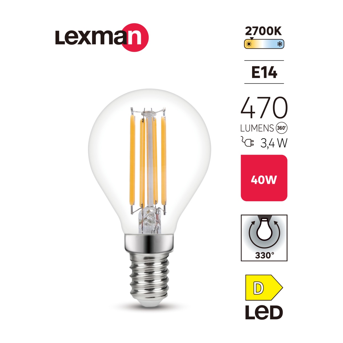 LAMPADINA LED E14=40W SFERA TRASPARENTE LUCE CALDA