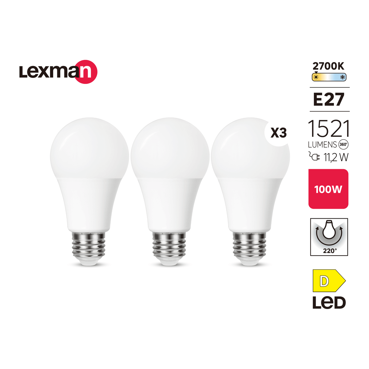 3 E27 LED bulbs = 100W, white plastic, warm light