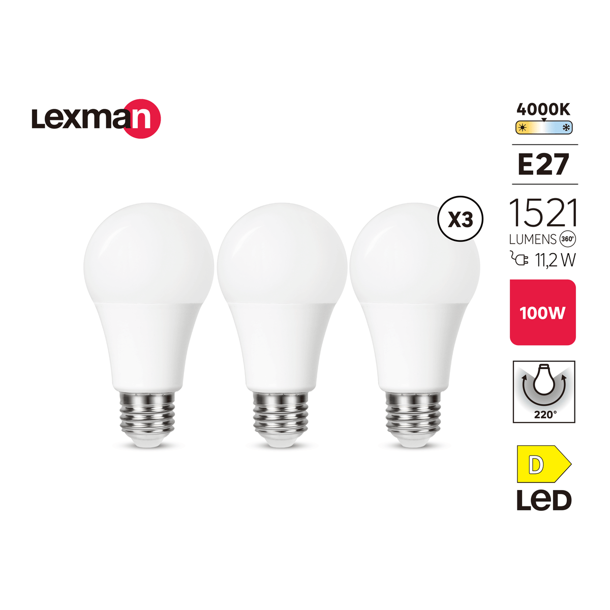 3 E27 LED bulbs = 100W, white plastic, natural light