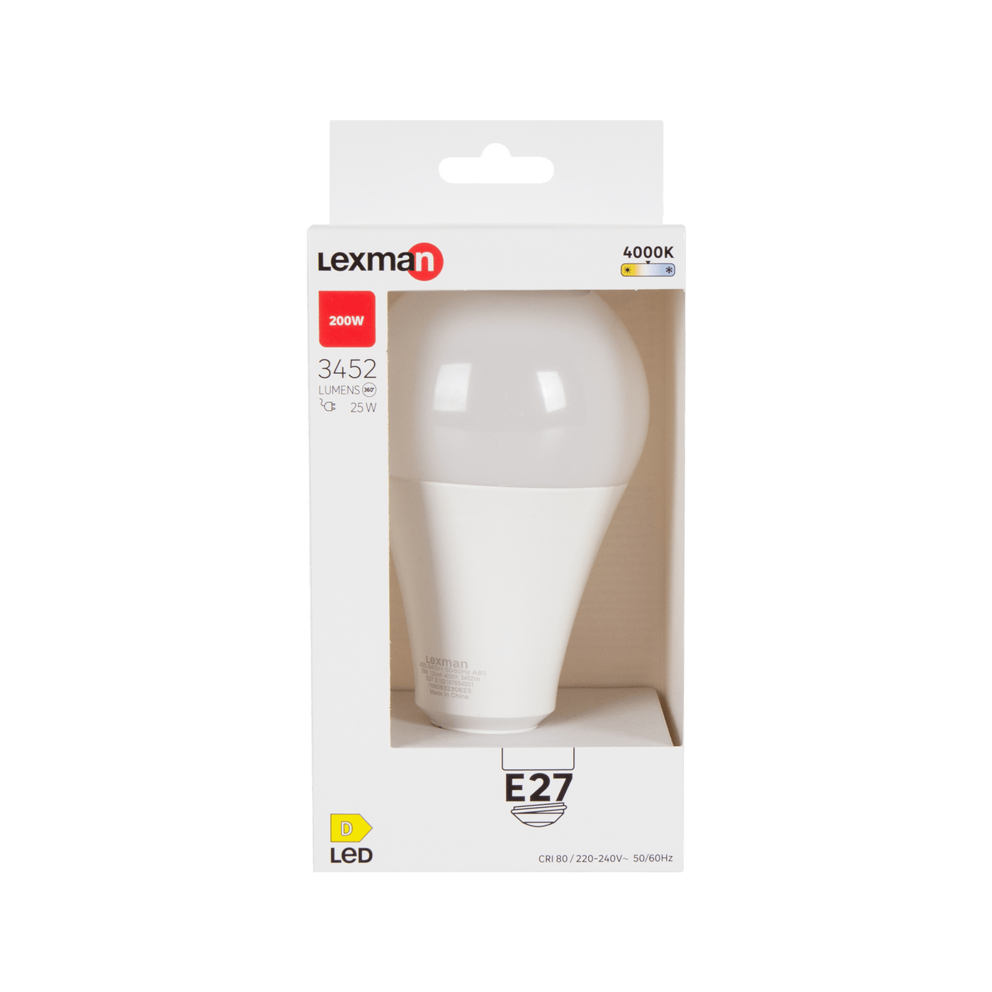 E27 LED bulb = 200W, frosted teardrop shape, natural light