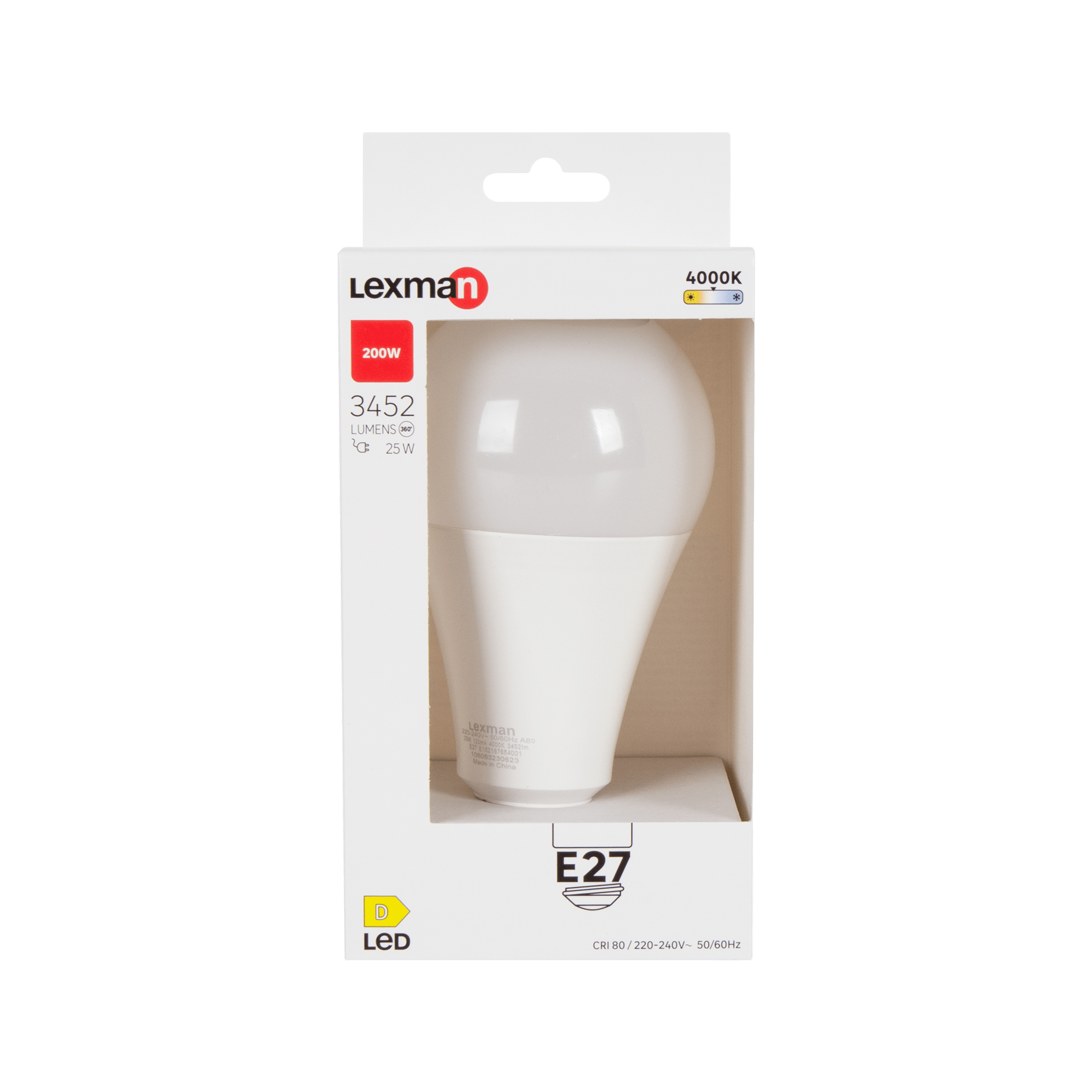 E27 LED bulb = 200W, frosted teardrop shape, natural light