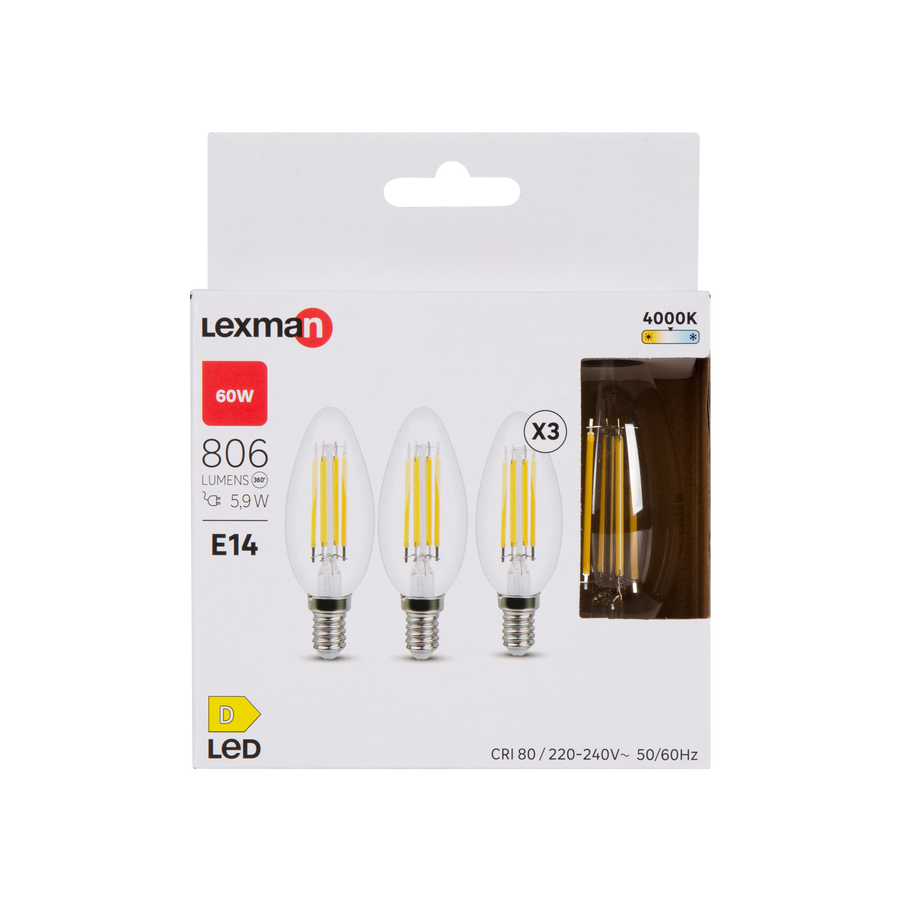 3 LED BULBS E14=60W CANDLE CLEAR NATURAL LIGHT