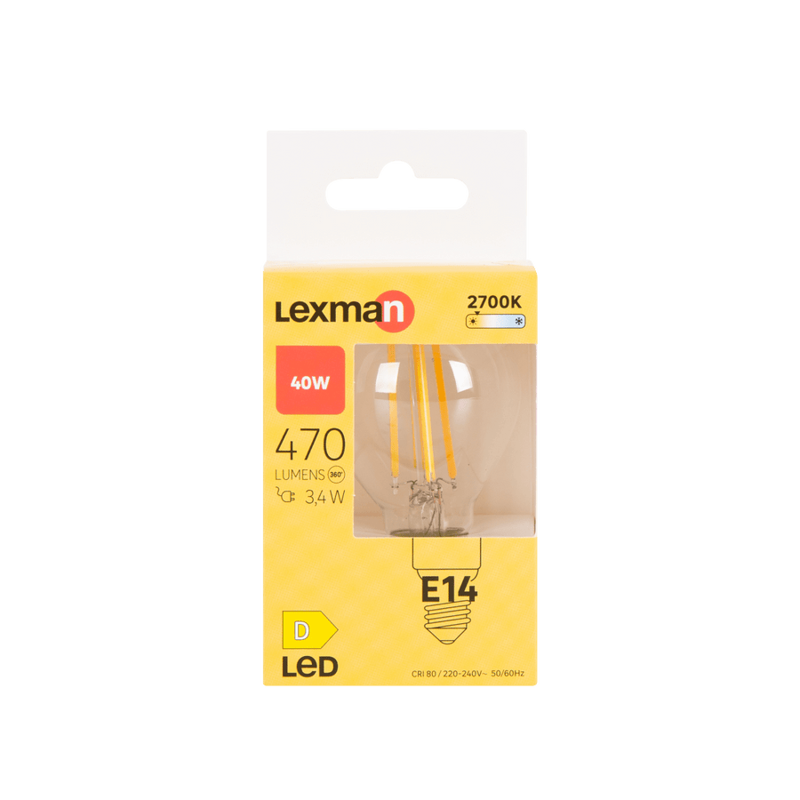 LAMPADINA LED E14=40W SFERA TRASPARENTE LUCE CALDA