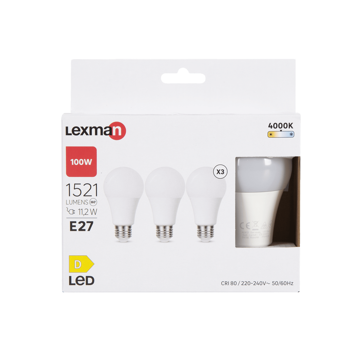 3 E27 LED bulbs = 100W, white plastic, natural light