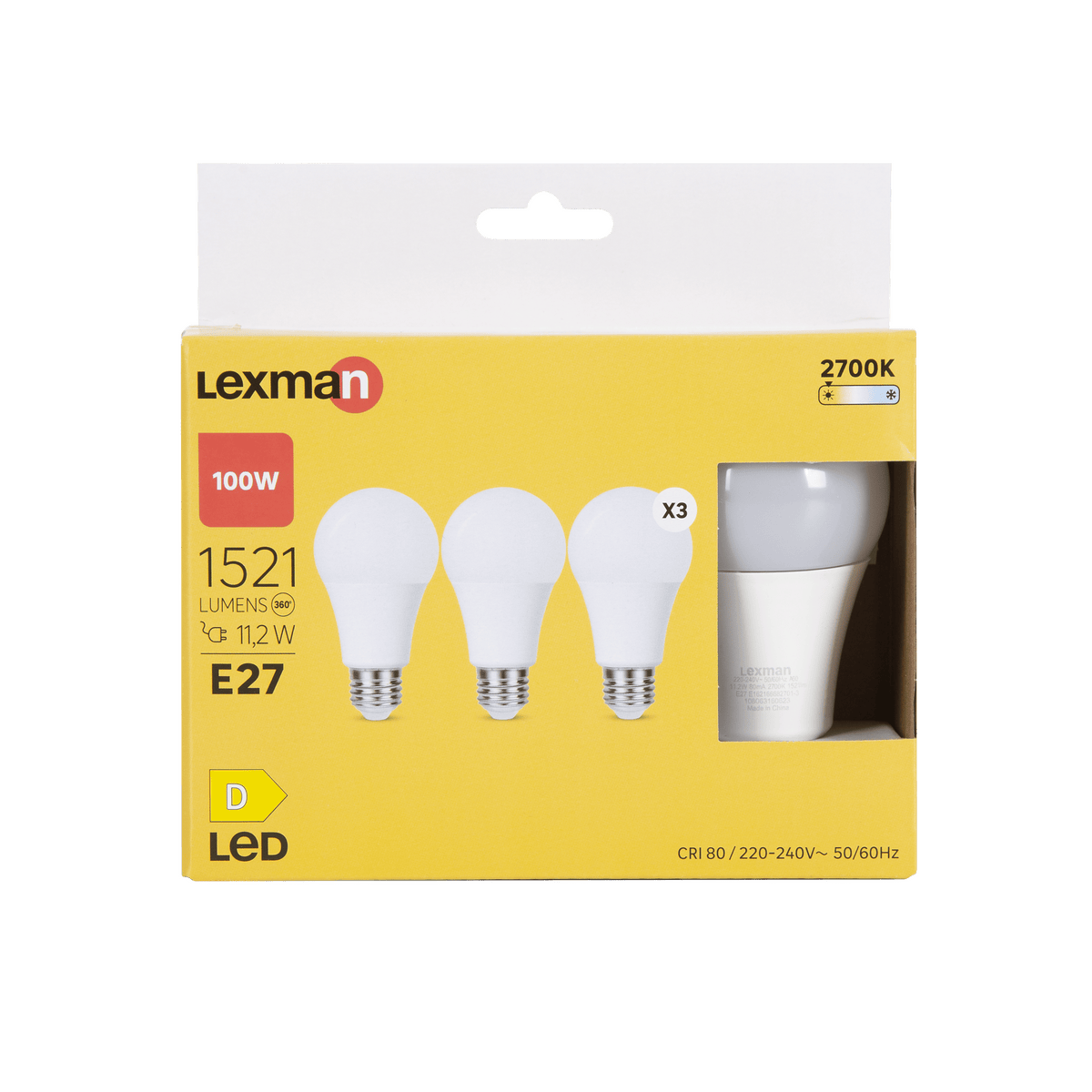 3 E27 LED bulbs = 100W, white plastic, warm light
