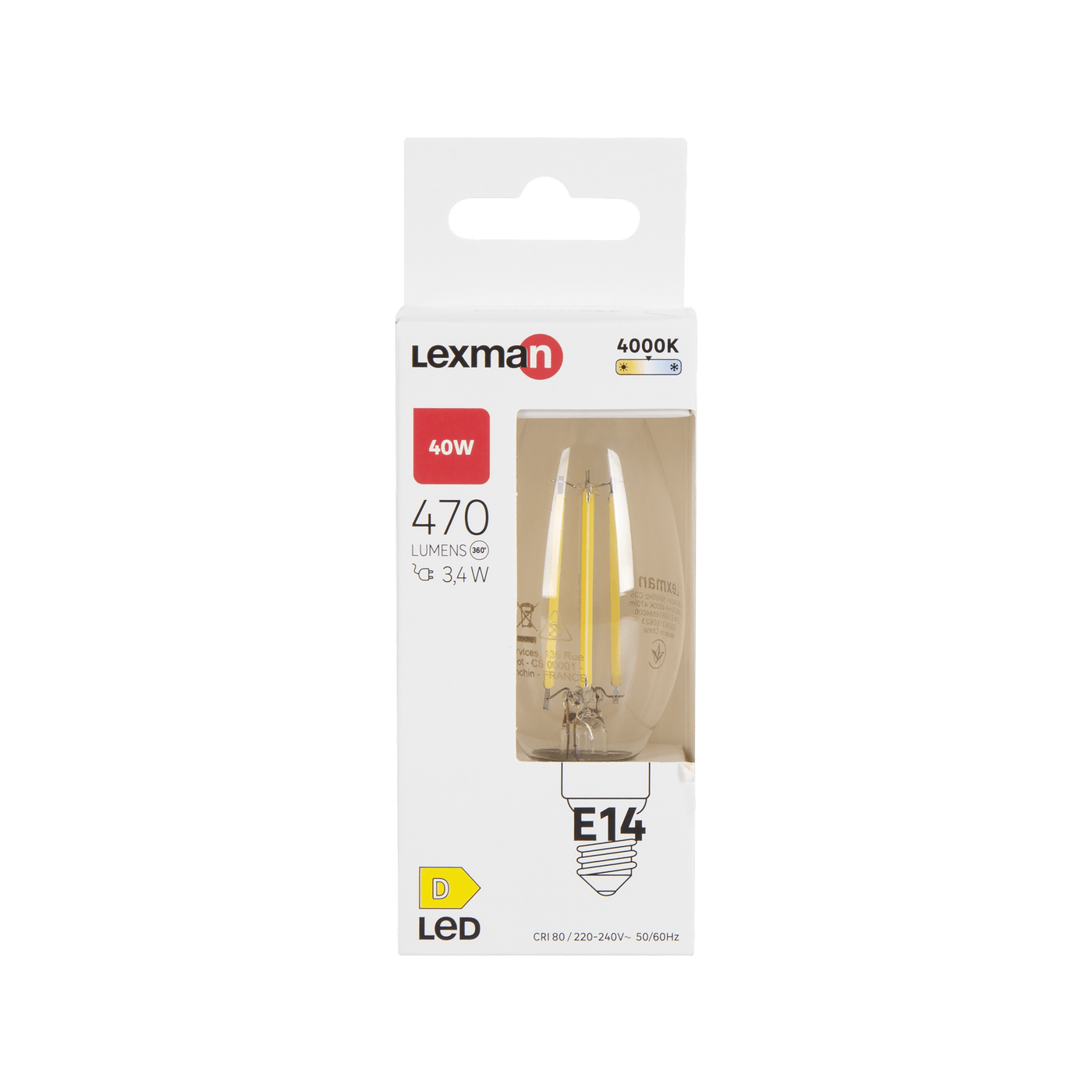 E14 LED bulb = 40W, clear candle shape, natural light