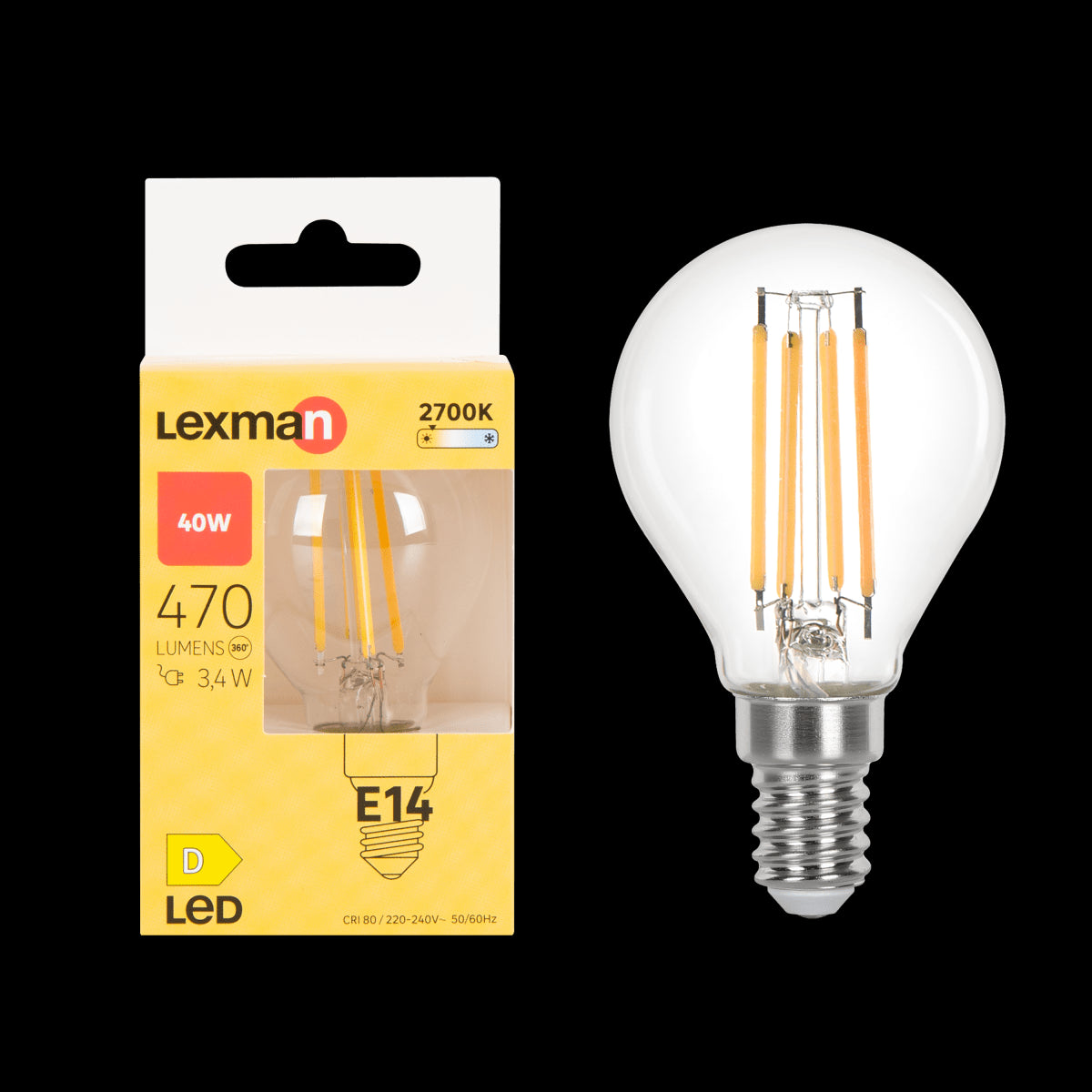 LAMPADINA LED E14=40W SFERA TRASPARENTE LUCE CALDA