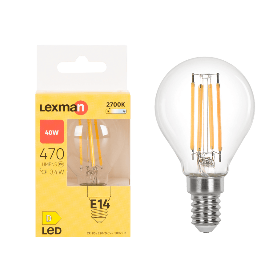LAMPADINA LED E14=40W SFERA TRASPARENTE LUCE CALDA